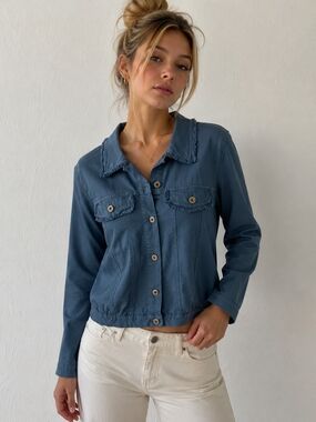 FEMME FATALE 95% Cotton Blue Frayed Trim Button Front Jacket  Made in Italy